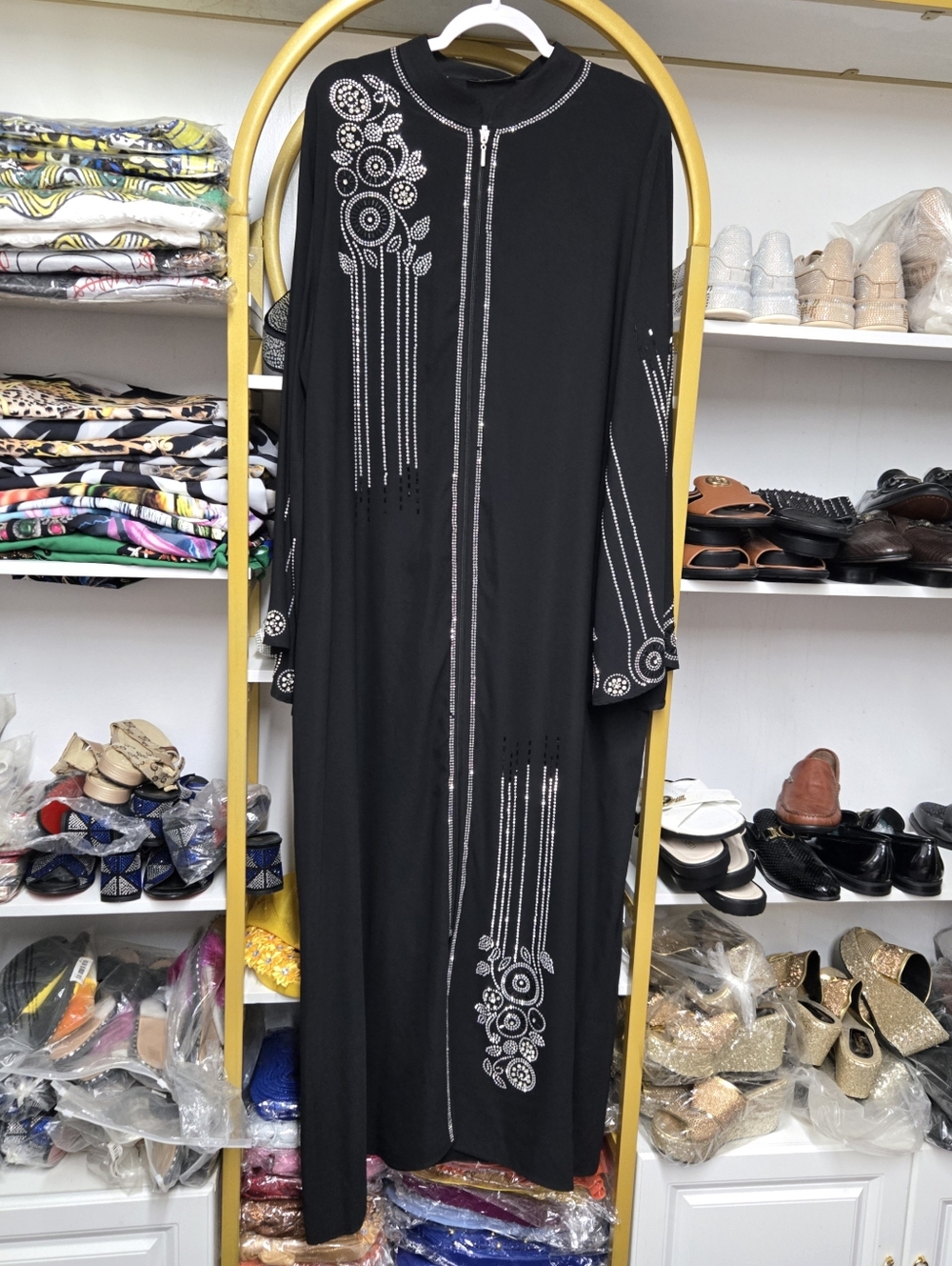 Black Embellished Maxi Dress - Elegant Long Sleeve Abaya EU 50, US 18